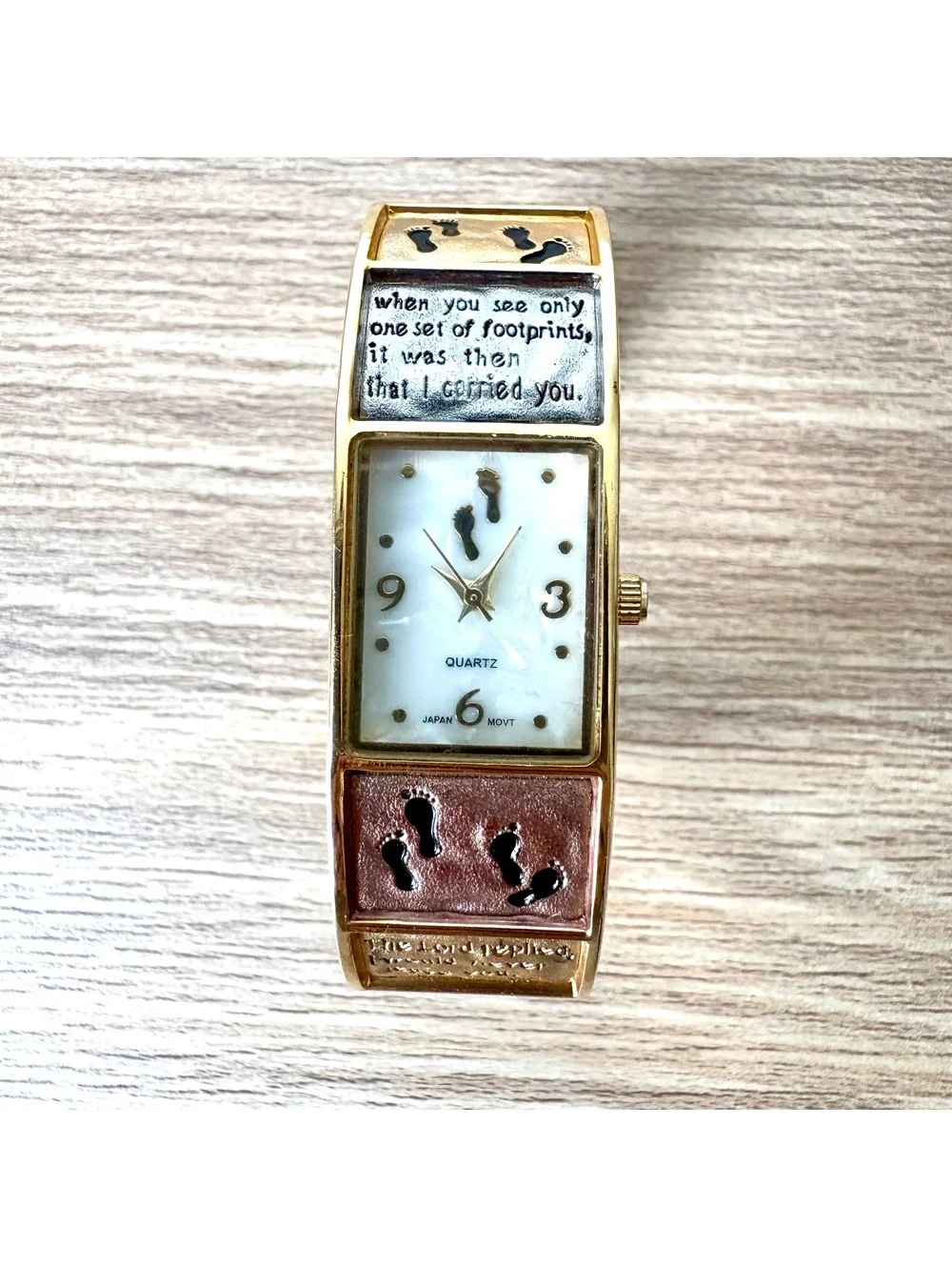 Vintage Footprints in the Sand Gold Tone Cuff Bracelet Watch Christian Quartz